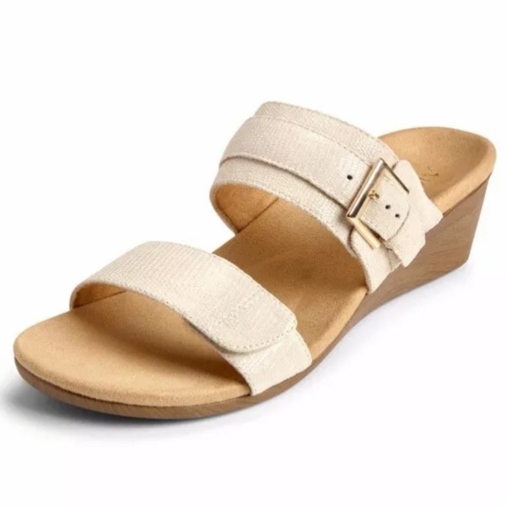 Vionic Orthaheel Natoma Leather Gold Metallic Buckle 2 Strap Slide Wedge Sandals